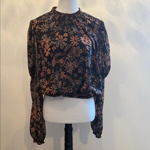 Free People Black and Brown Floral Blouse